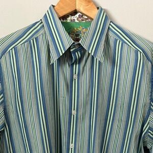 Robert Graham Shirt Mens L Blue Green Striped Button Up Long Sleeve Flip Cuff